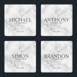 Classic White Marble Personalised Groomsman Coaster Set<br><div class="desc">Classic Personalised Groomsman Gifts featuring personalised groomsman's name, title and wedding date in grey classic serif font style on white marble background. Also perfect for Best Man, Father of the Bride and more. Please Note: The foil details are simulated in the artwork. No actual foil will be used in the...</div>