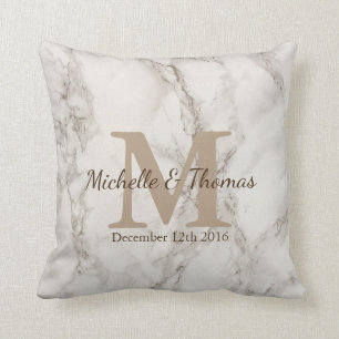 Classic White Marble Taupe Monogram Wedding Date Cushion