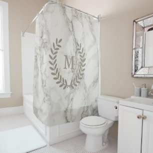 Classic White Marble with Taupe Laurels Custom Shower Curtain