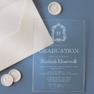 Classic White Monogram Crest Graduation Party Acrylic Invitations