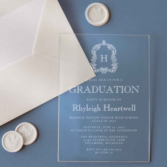 Classic White Monogram Crest Graduation Party Acrylic Invitations (Creator Uploaded)