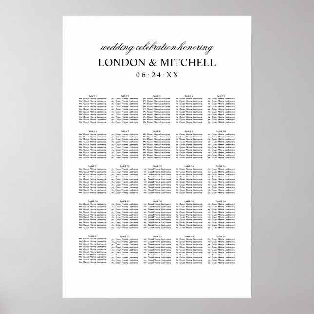 Classic White Monogram Wedding Seating Poster (Front)