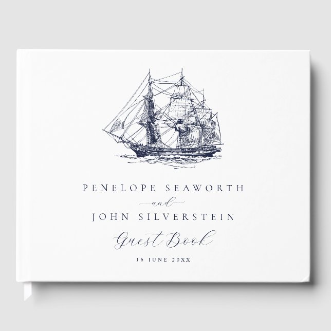 Classic White Nautical Ship Illustration Wedding Guest Book (Front)
