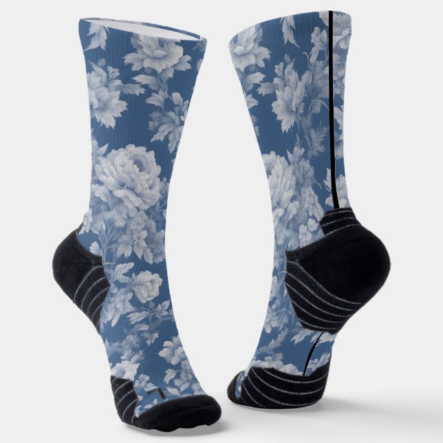 Classic White on Blue Toile Crew Socks - Fit (Angled)