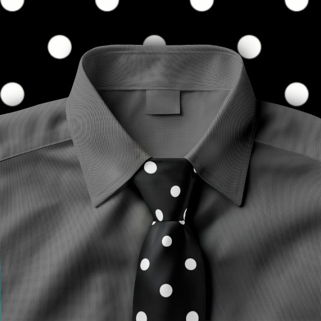 Classic White Polka Dot Pattern on Black Tie (Black tie with white polka dots displayed on dark grey button up shirt.)