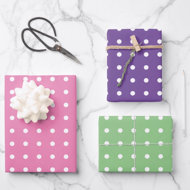 Classic White Polka Dots on Pink Purple and Green Wrapping Paper Sheet (Front)