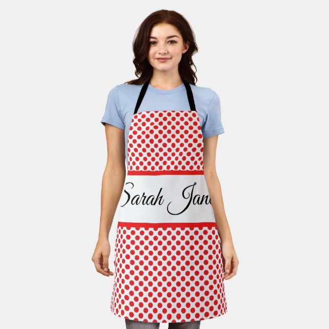 Classic white Red Polka dots | Personalised name Apron (Worn)
