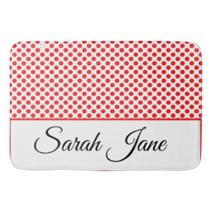 Classic white Red Polka dots Personalised name Bath Mat