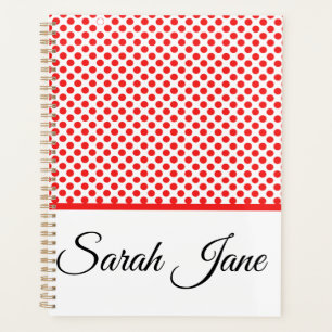 Classic white Red Polka dots   Personalised name Planner