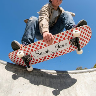 Classic white Red Polka dots Personalised name Skateboard