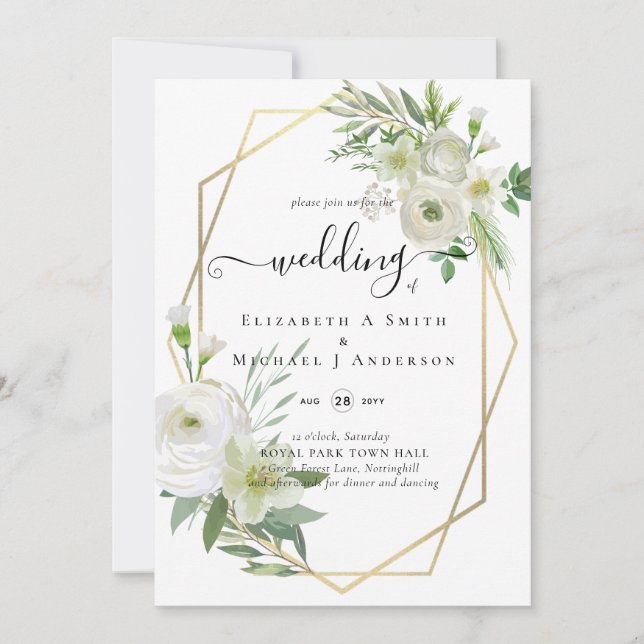 Classic White Rose Greenery Gold Wedding (Front)