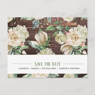 Classic White Rose Hydrangea Wood Watercolor RSVP Announcement Postcard