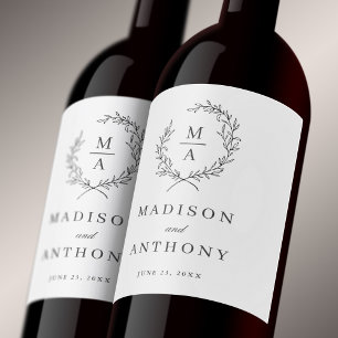 Classic White Simple Elegant Monogram Wedding Wine Label