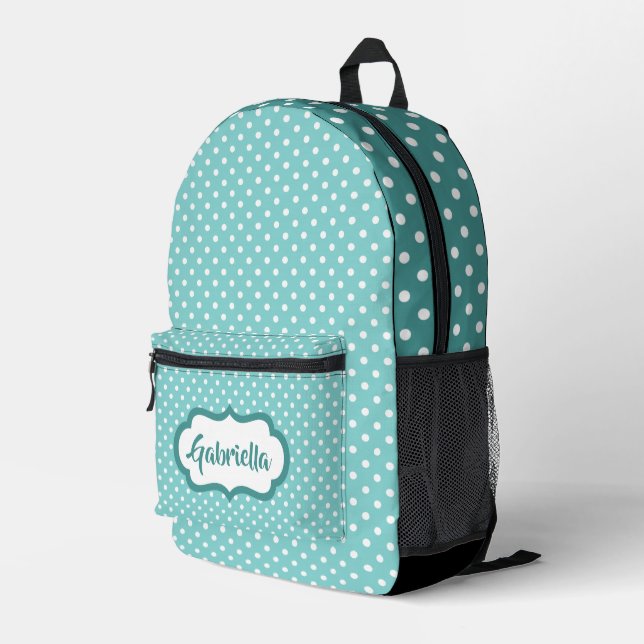 Classic White Swiss Polka Dots On Teal Mint Green Printed Backpack (Back Corner Right)