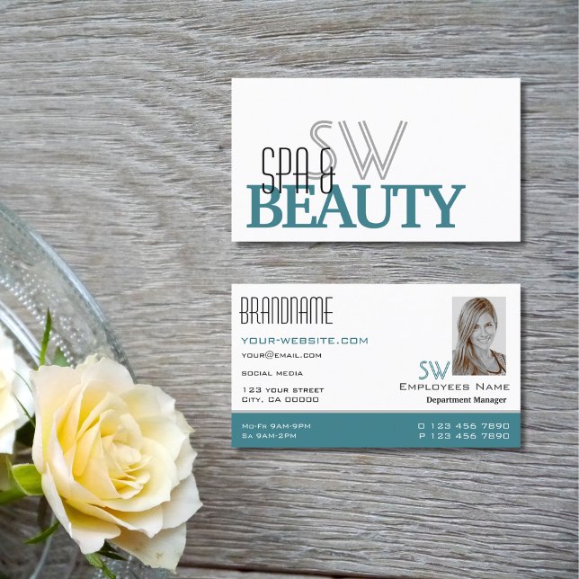 Classic White Teal Stylish with Monogram and Photo Business Card (Creator Uploaded)