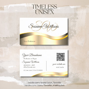 Classic White Wavy Gold Decor Initials and QR Code Business Card