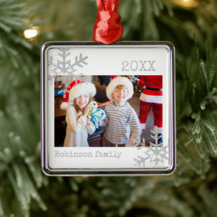 Classic White Winter Snowflake Christmas Photo Metal Ornament