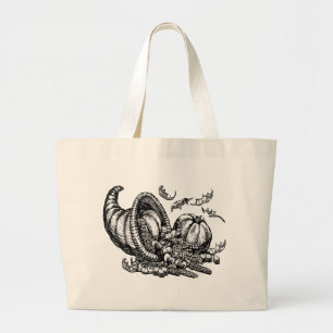 Classic Wicker Cornucopia Black White Illustration Large Tote Bag
