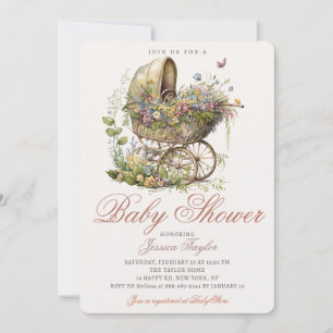 Classic Wicker Stroller Floral Girl Baby Shower Invitation
