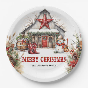 Classic wild west watercolor white barn and holly paper plate