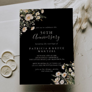 Classic Wildflower Black 50th Wedding Anniversary Invitation