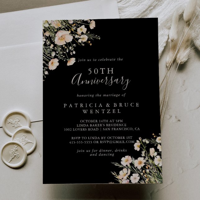 Classic Wildflower Black 50th Wedding Anniversary Invitation (Creator Uploaded)