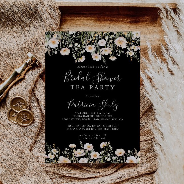 Classic Wildflower Black Bridal Shower Tea Party Invitation (Creator Uploaded)