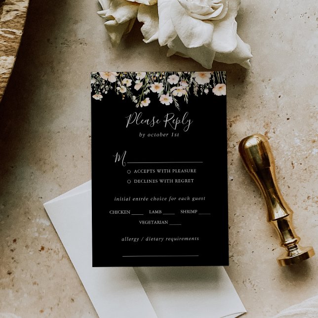 Classic Wildflower Black Wedding Menu Choice RSVP (Creator Uploaded)