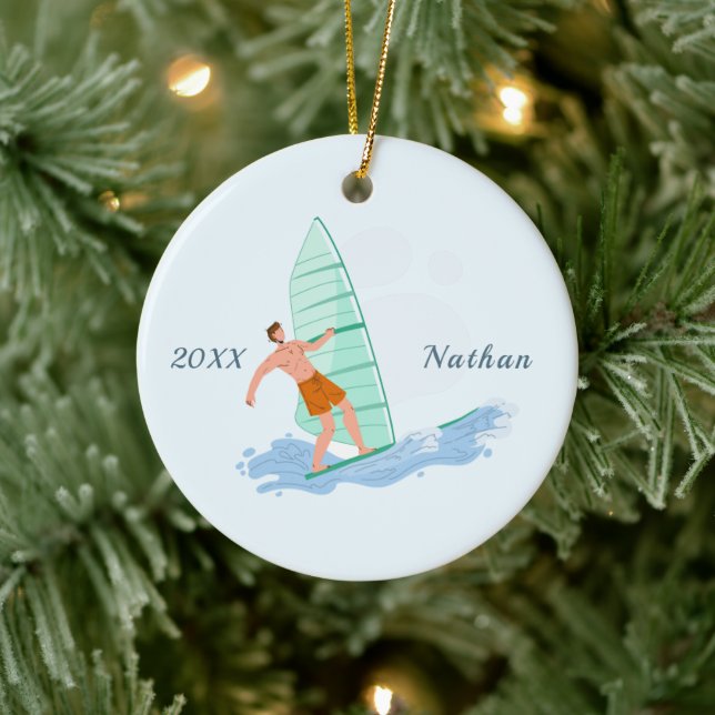 Classic Windsurfing Brunette Surfer Name & Year Ceramic Ornament (Tree)