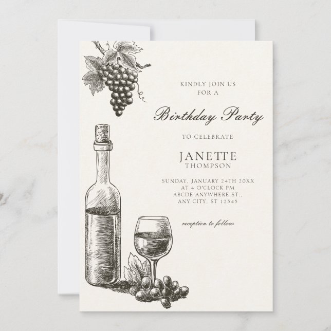 Classic wine bottle and grapes invitation (Front)