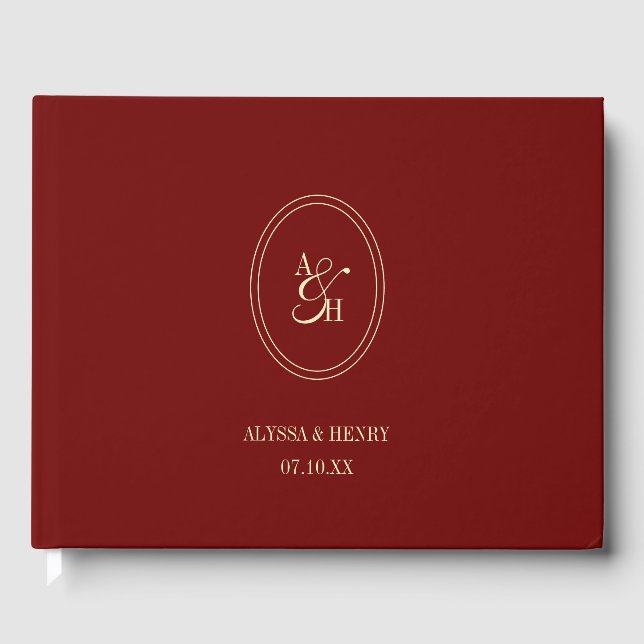 Classic Wine Red Monogram Custom Wedding Guest Book (Front)
