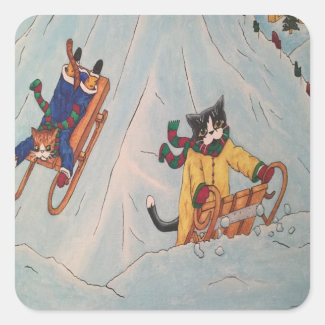 Classic Winter Christmas Sledging Cats Rectangular Square Sticker (Front)