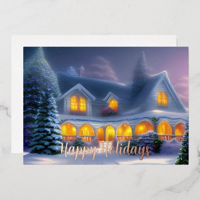 Classic Winter Home Happy Holidays Business Foil Holiday Card (Front/Back)