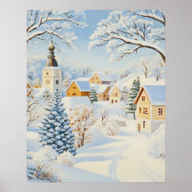 Classic Winter Village with Snowy Church and Trees
