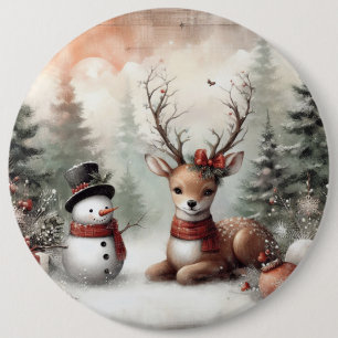 Classic woodland Christmas deer/snowman 6 Cm Round Badge