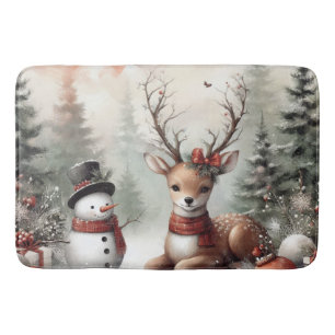 Classic woodland Christmas deer/snowman Bath Mat