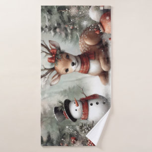 Classic woodland Christmas deer/snowman Bath Towel