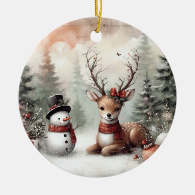 Classic woodland Christmas deer/snowman Ceramic Ornament (Front)