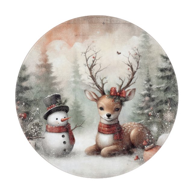 Classic woodland Christmas deer/snowman Cutting Board (Front)