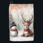 Classic woodland Christmas deer/snowman Golf Towel<br><div class="desc">vintage styled</div>