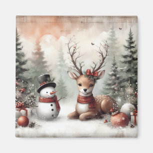 Classic woodland Christmas deer/snowman Magnet