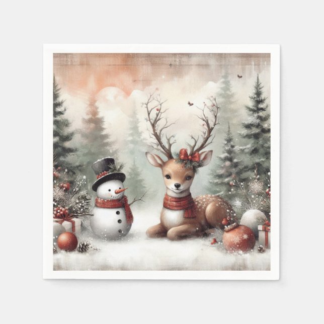 Classic woodland Christmas deer/snowman Napkin (Front)