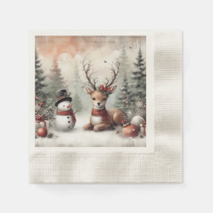 Classic woodland Christmas deer/snowman Napkin