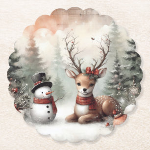 Classic woodland Christmas deer/snowman Paper Coaster