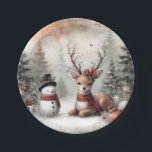 Classic woodland Christmas deer/snowman Paper Plate<br><div class="desc">vintage styled</div>