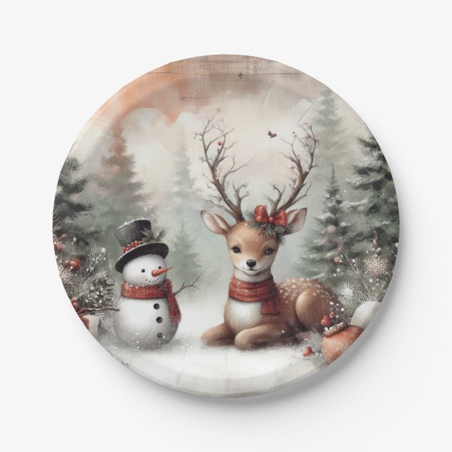 Classic woodland Christmas deer/snowman Paper Plate (Front)