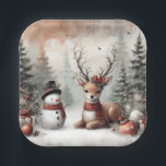 Classic woodland Christmas deer/snowman Paper Plate<br><div class="desc">vintage styled</div>
