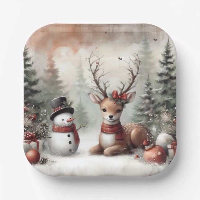 Classic woodland Christmas deer/snowman Paper Plate (Front)