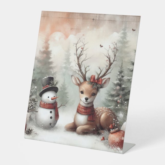 Classic woodland Christmas deer/snowman Pedestal Sign (Front)