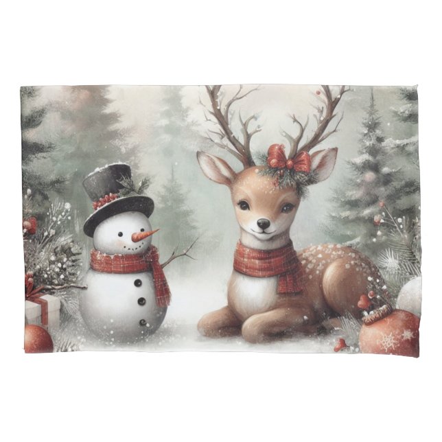 Classic woodland Christmas deer/snowman Pillowcase (Front)